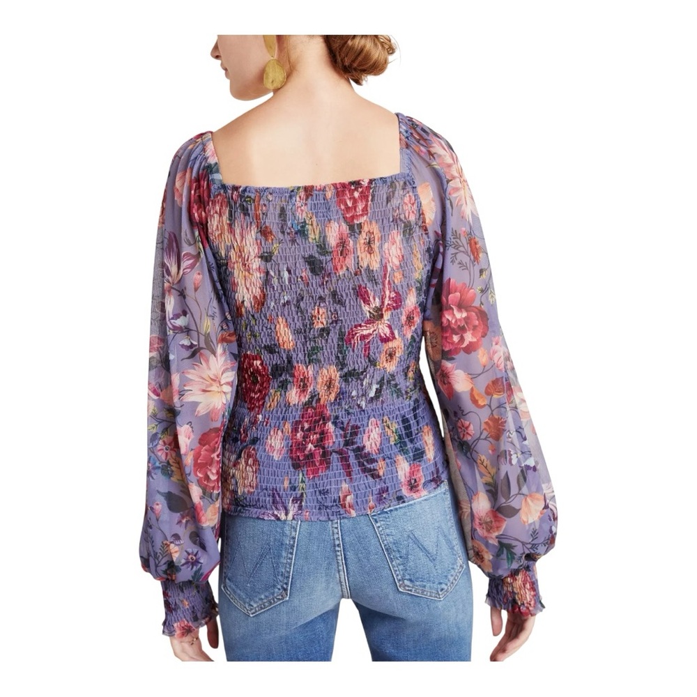 Anthropologie Rouen Smocked Mesh Top Size Medium Purple Floral Cropped - Picture 3 of 13